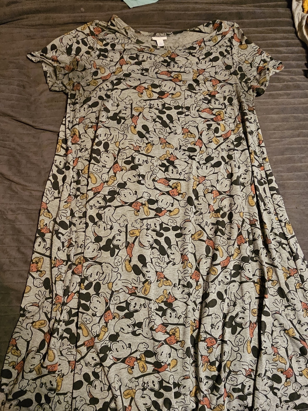 LuLaRoe Gray Mickey Mouse Asymmetrical Dress with Yellow & Pink Accents